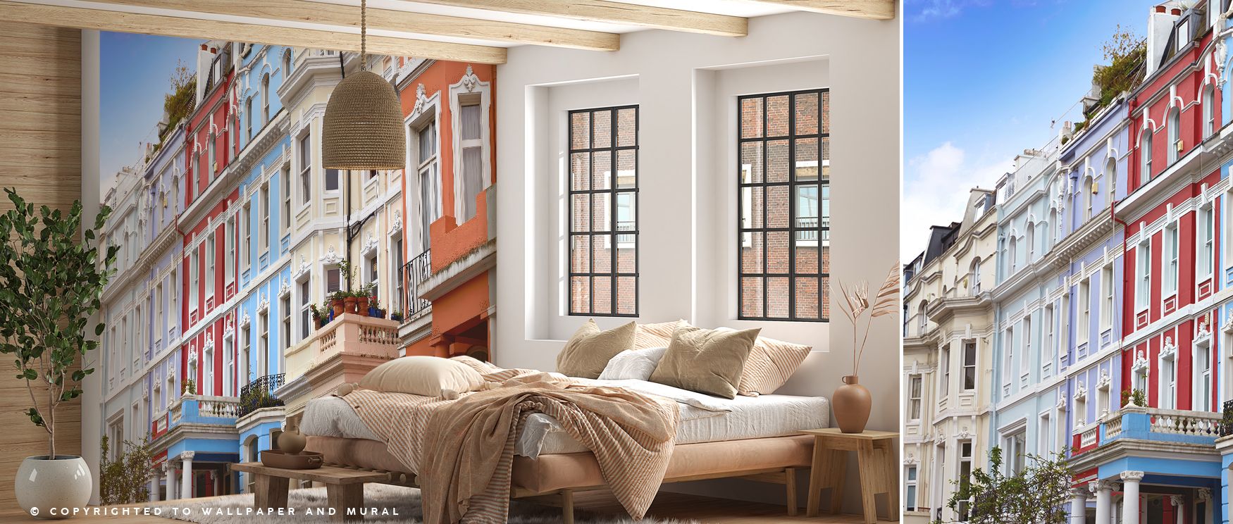 Lively market scenes of Portobello Road illustrated in bold tones enrich interiors with artistry, charm, and vitality, turning bedrooms, lounges, or offices into retreats filled with cultural resonance and stylish sophistication. 