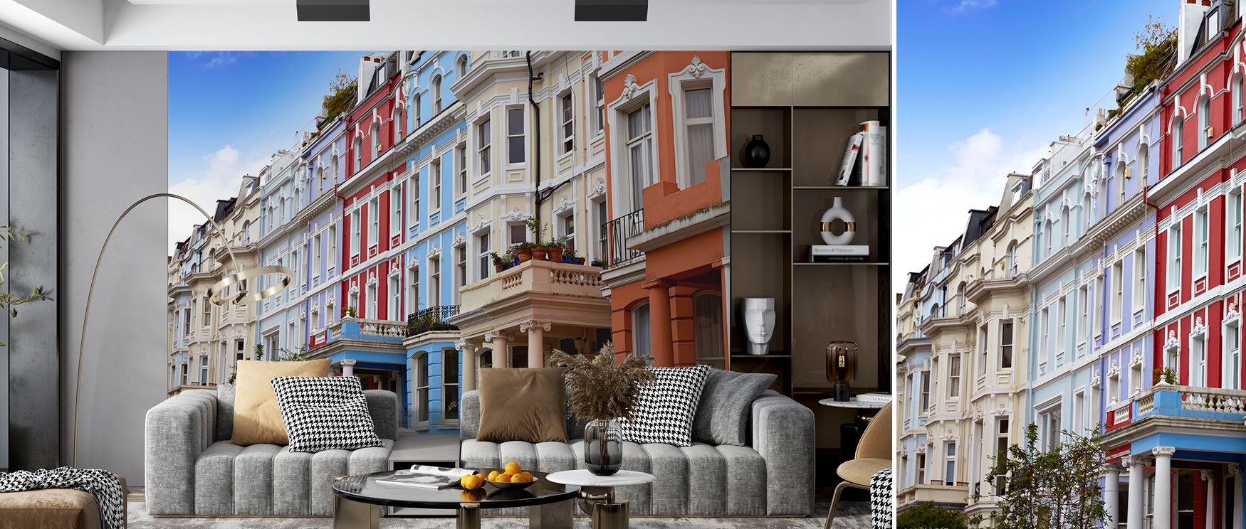 Portobello Road market imagery illustrated in bold tones enriches interiors with artistry, charm, and vitality, turning bedrooms, offices, or living areas into vibrant retreats filled with cultural resonance and stylish urban beauty. 