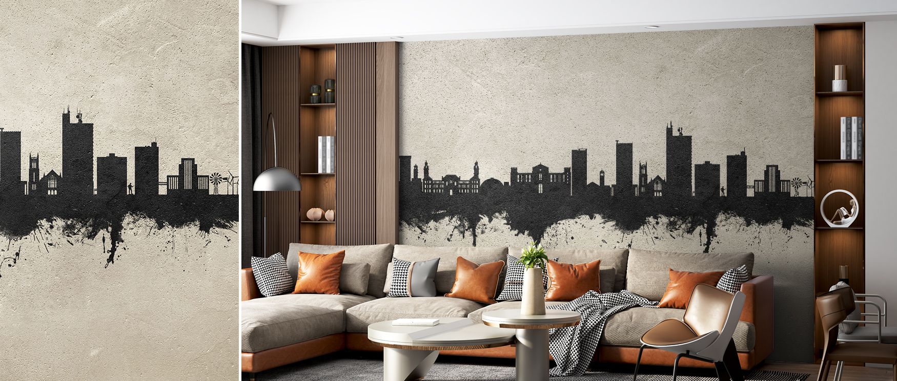 This wallpaper enhances interiors with the architectural presence of Lubbock’s skyline, providing texture and atmosphere. Its cool palette makes it suitable for offices where professionalism meets style, as well as living rooms that call for bold characte
