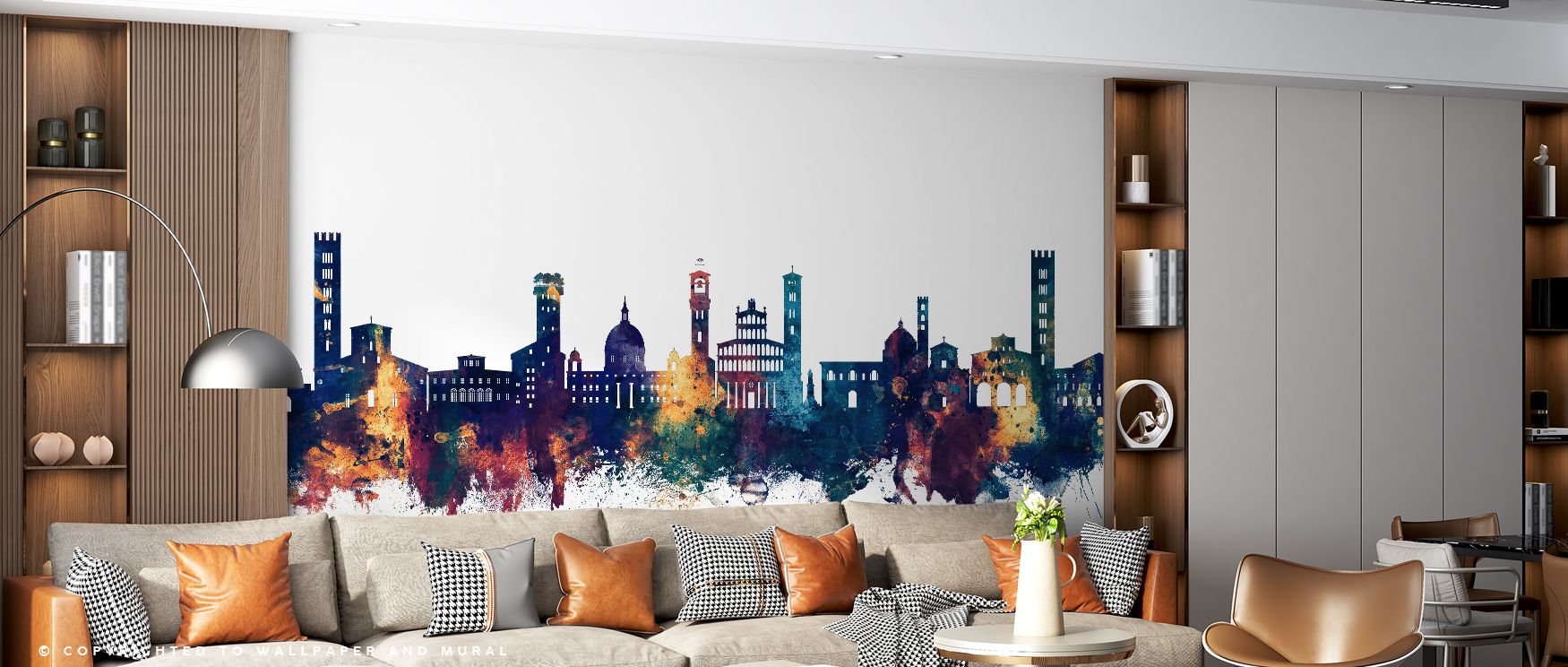 Lucca Italy Skyline Blue & Bronze Wallpaper captures Italian charm with its vivid skyline imagery, offering deep blue tones balanced by metallic bronze highlights. Perfect for bedrooms and offices, it creates an atmosphere of sophistication inspired by Eu