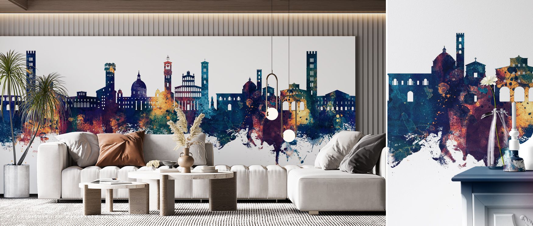 With its Italian skyline design, this wallpaper blends historic elegance with modern tones. The rich colors ensure striking presence while harmonizing with furniture, creating cultured and inviting living spaces. 