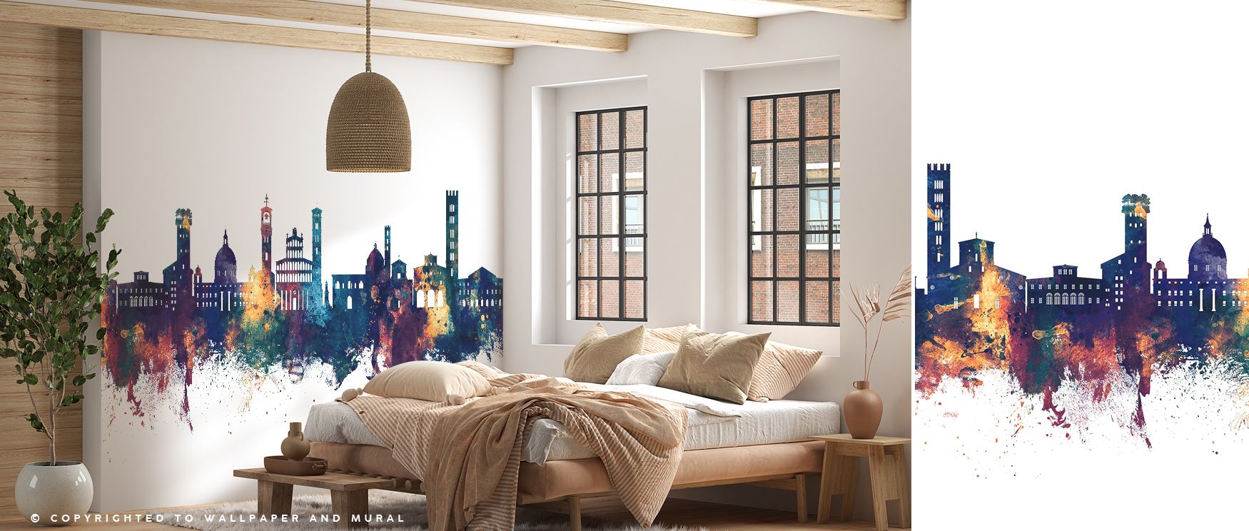 This wallpaper highlights the charm of Lucca with architectural precision and warm metallic tones. It works beautifully in bedrooms, living rooms, or offices, adding cultural flair and enhancing visual character. 