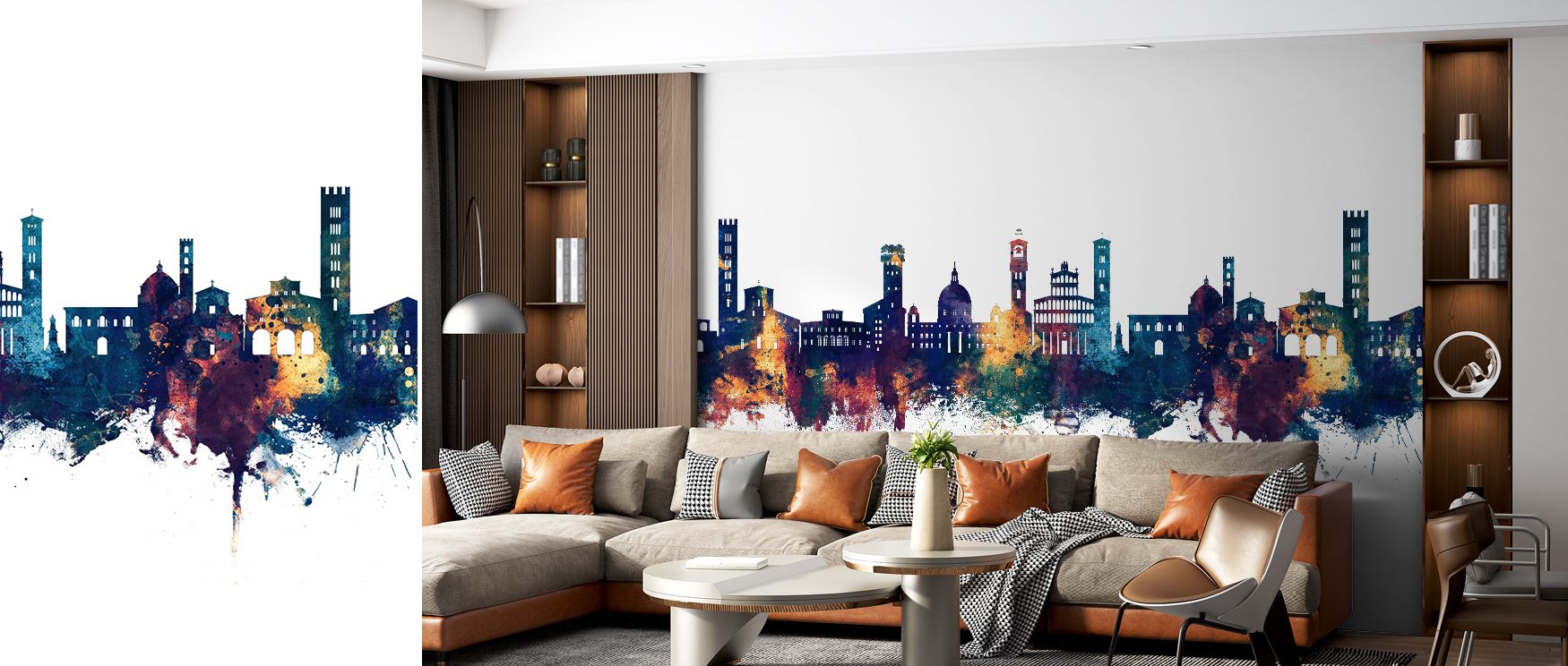 The artistic skyline of Lucca is brought to life in detailed silhouettes framed by rich blue and bronze hues. Its refined imagery makes it an ideal choice for interiors that seek charm and sophistication. 