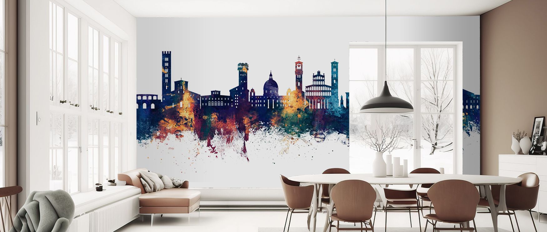 The skyline design evokes travel memories and Italian elegance, enhancing spaces with warmth and depth. It is a cultured addition to living rooms or study areas, blending old-world beauty with contemporary style. 