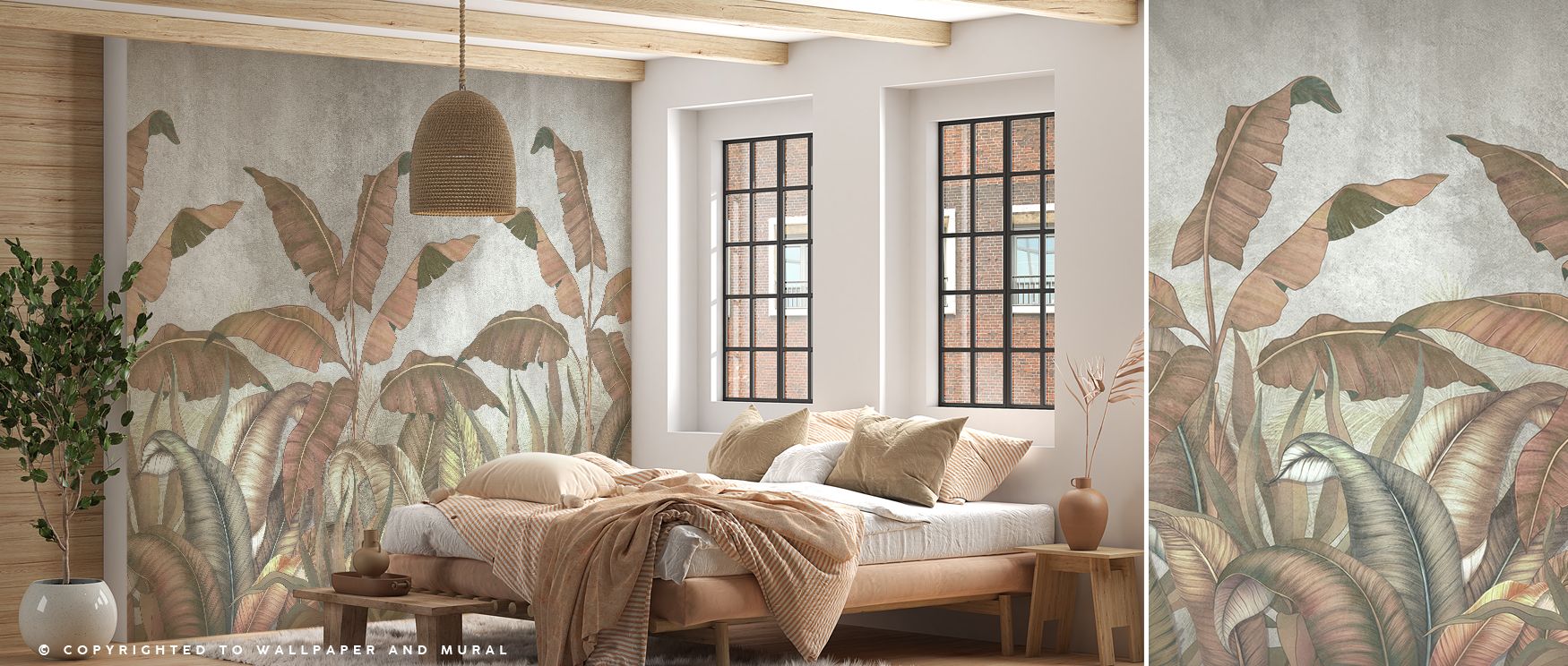The design highlights lush flora rendered in graceful tones, transforming walls with subtle sophistication. It creates refined interiors where natural charm and luxury coexist. 