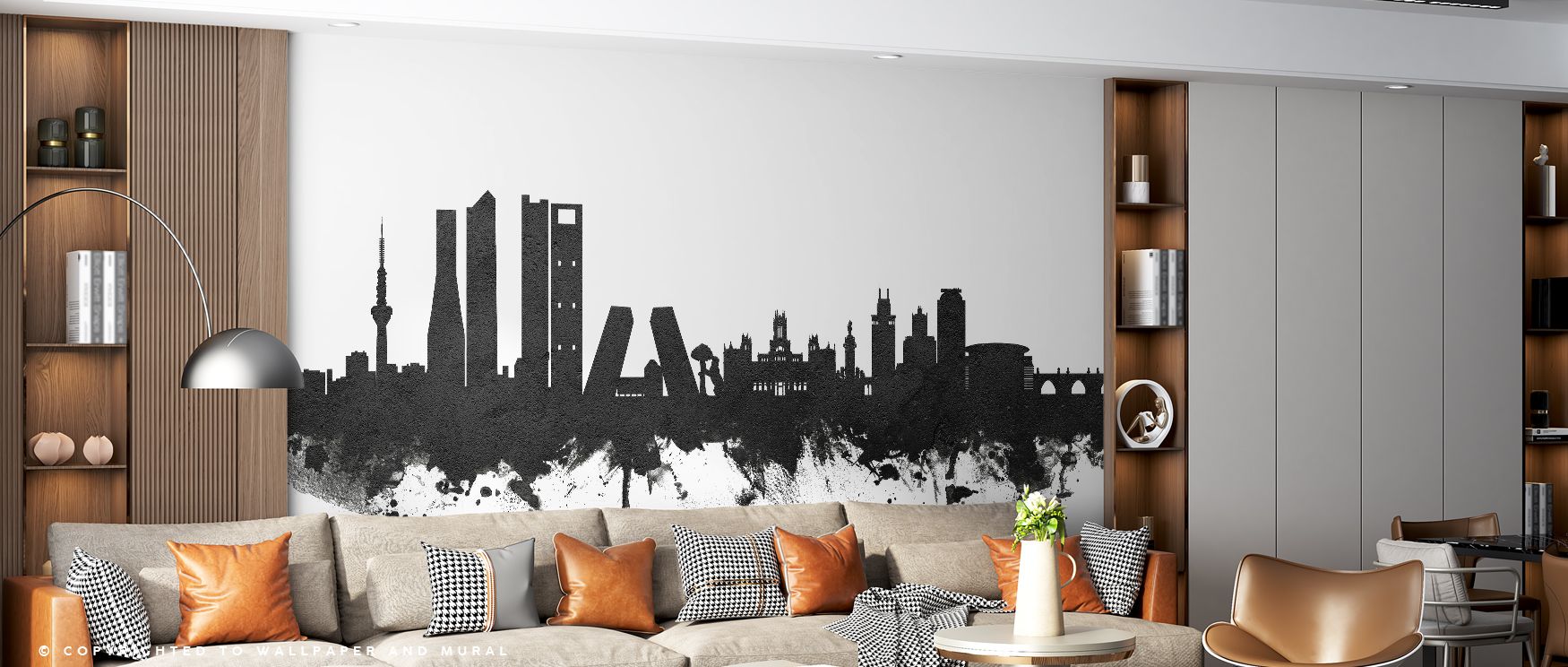 Madrid’s iconic skyline emerges in sharp black and white, delivering timeless elegance to interiors. The design captures architectural beauty with minimalism and sophistication, adding urban charm to bedrooms, living spaces, and professional environments.
