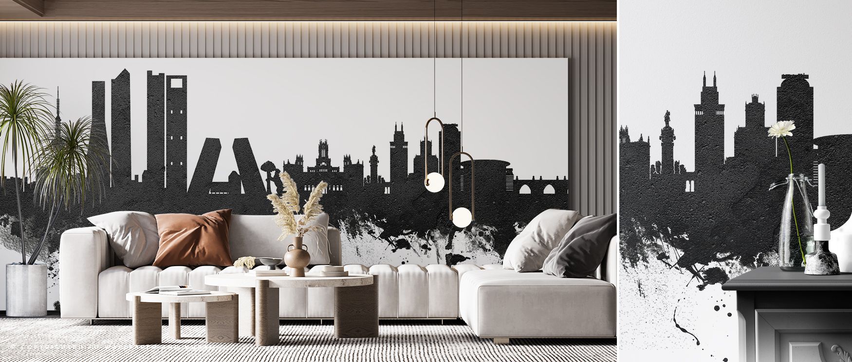 The black and white imagery highlights both strength and delicacy, showcasing Madrid’s skyline with balance and poise. Bedrooms benefit from its calming tones, while workspaces gain professional atmosphere. It blends cultural pride with refined minimalism