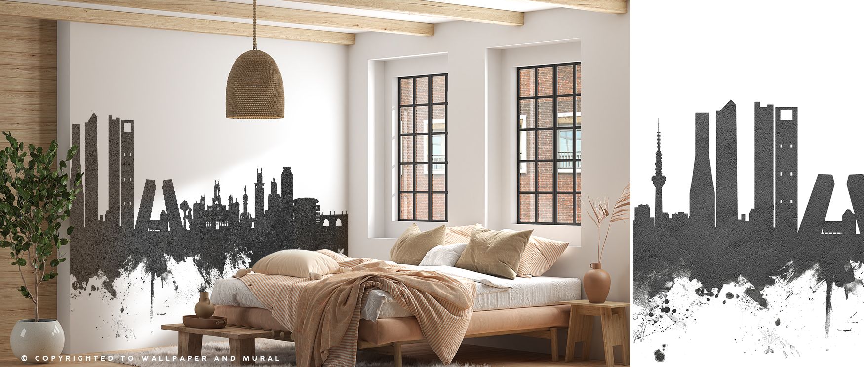 Architectural silhouettes stand in bold relief, their details softened by atmospheric shading. This wallpaper makes walls feel dynamic without overwhelming a room, providing understated elegance. Its versatility allows it to enhance both classic and moder