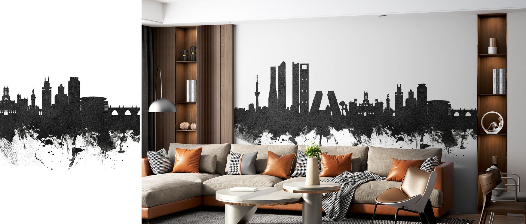 Madrid’s skyline glows in monochrome detail, its forms outlined with artistic clarity. The design enriches walls with cultural resonance, ideal for bedrooms, offices, or living spaces. It offers interiors a refined European presence. 