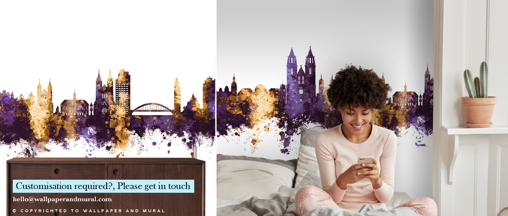 The pairing of metallic gold with purple depth creates mood and contrast. This wallpaper makes spaces vibrant without overwhelming, adding elegance suited to bedrooms, offices, or living areas. It conveys both warmth and sophistication. 