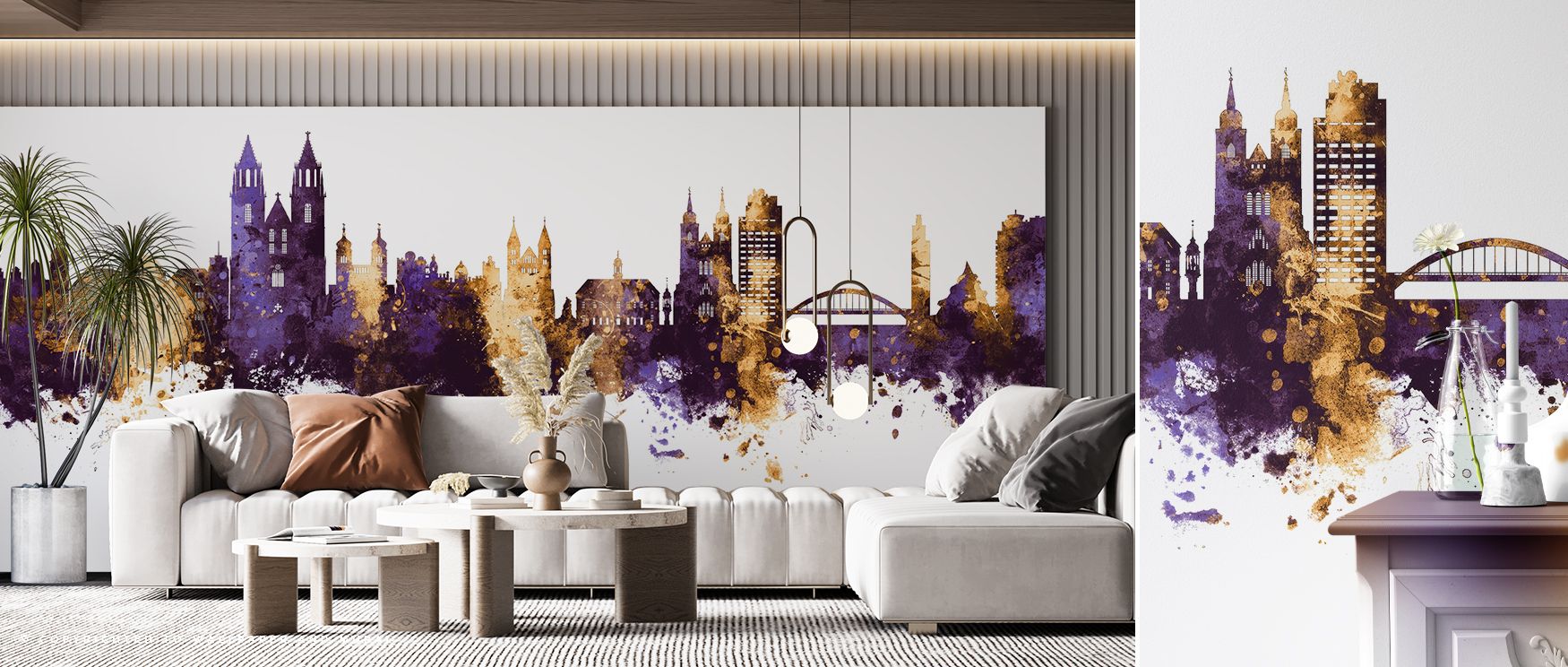 Architectural silhouettes outlined in radiant color create visual harmony. This wallpaper offers versatile style, pairing well with modern or classic interiors. It balances vibrancy with refinement, enriching any space with German charm. 