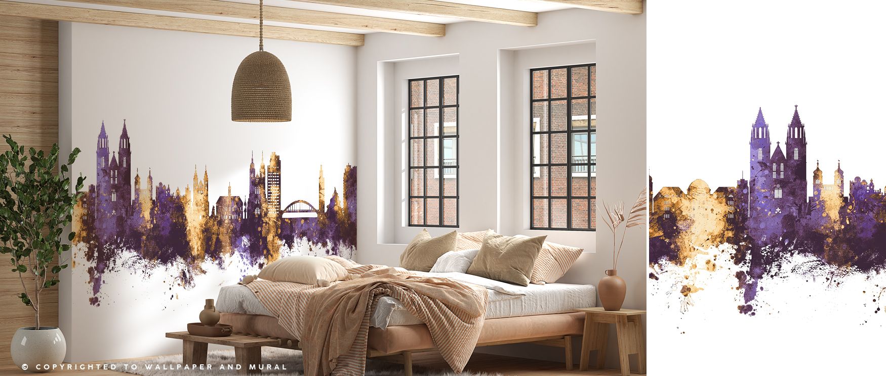Deep purple tones highlight the cityscape, while golden reflections add warmth and light. This interplay provides interiors with striking atmosphere, making walls come alive. Ideal for living rooms and studies, it fosters both energy and elegance. 