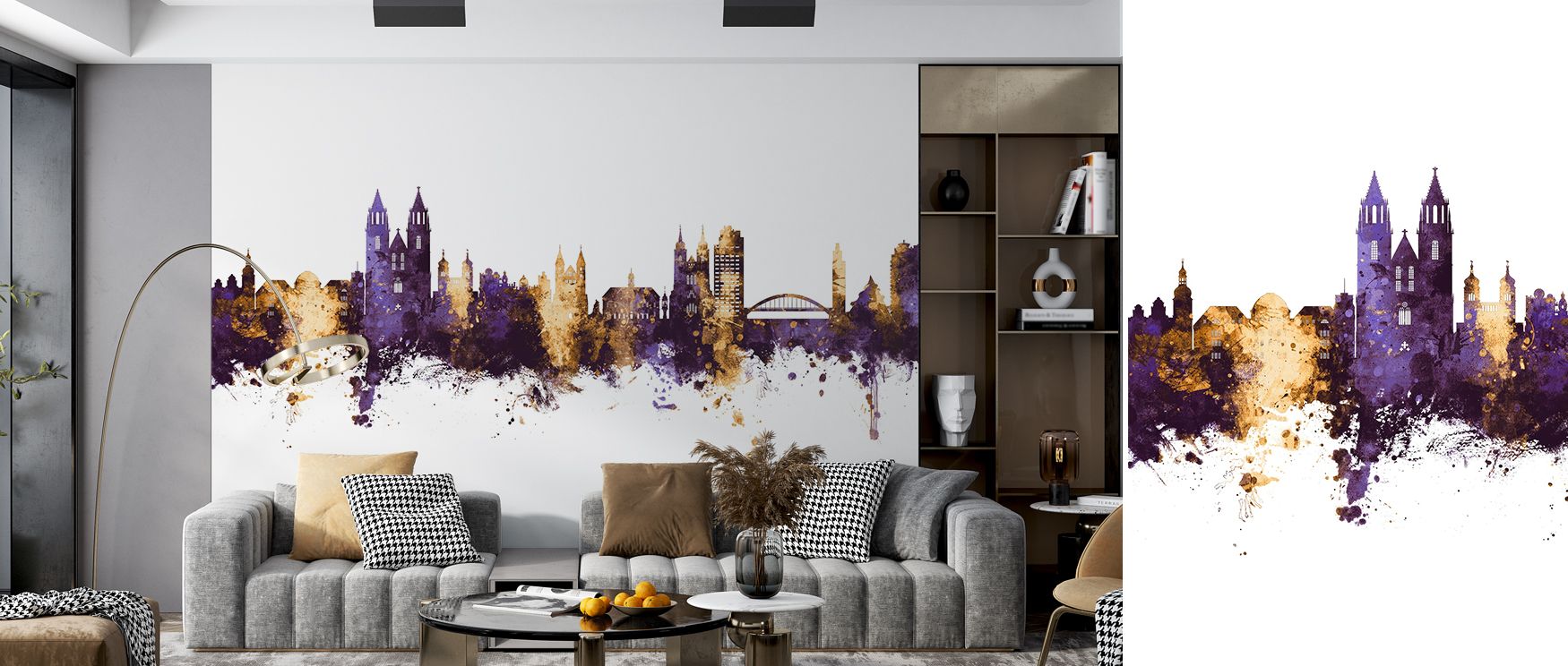 Layers of purple and gold merge into luminous city silhouettes, bringing balance and energy to interiors. The design transforms bedrooms into elegant retreats and offices into dynamic cultural spaces. It evokes both heritage and contemporary refinement. 