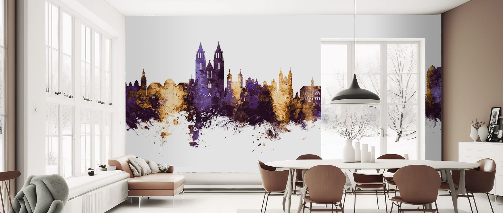 A glowing horizon of Magdeburg architecture unfolds in jewel-like tones, delivering walls a sense of drama and charm. Its vibrant colors enhance interiors, creating stylish, memorable rooms with cultural resonance. 