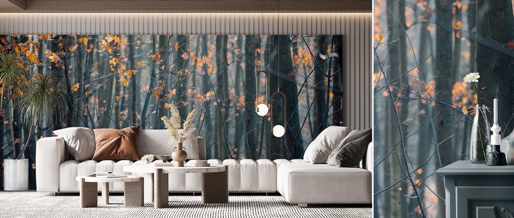 Abstract shapes merge with natural motifs, producing whimsical energy. Bedrooms become imaginative retreats, while offices gain vibrant character. Living rooms resonate with stylish, magical atmosphere. 
