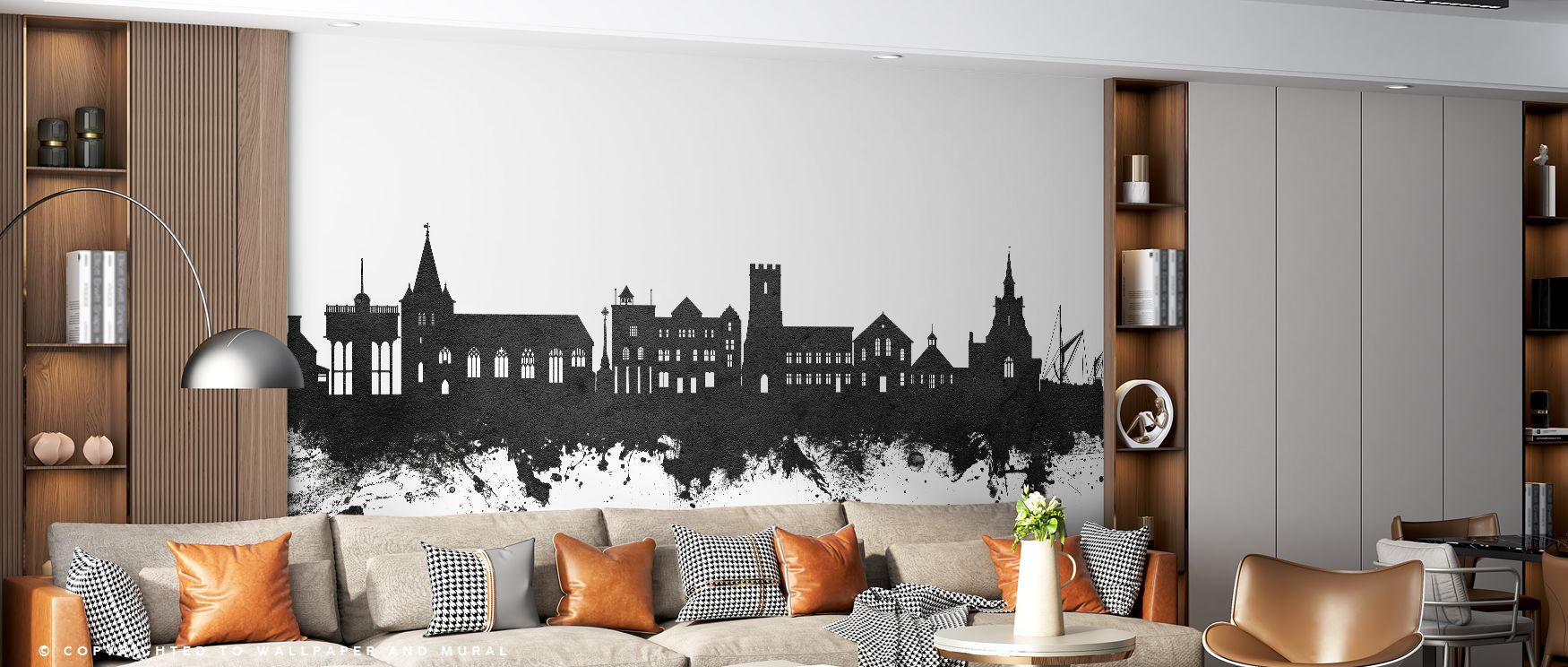 Maldon’s skyline unfolds across this wallpaper in bold monochrome contrasts where every line of architecture is clear and expressive. Interiors gain depth and refinement as the crisp details of the town are captured in tones that feel timeless, suiting li