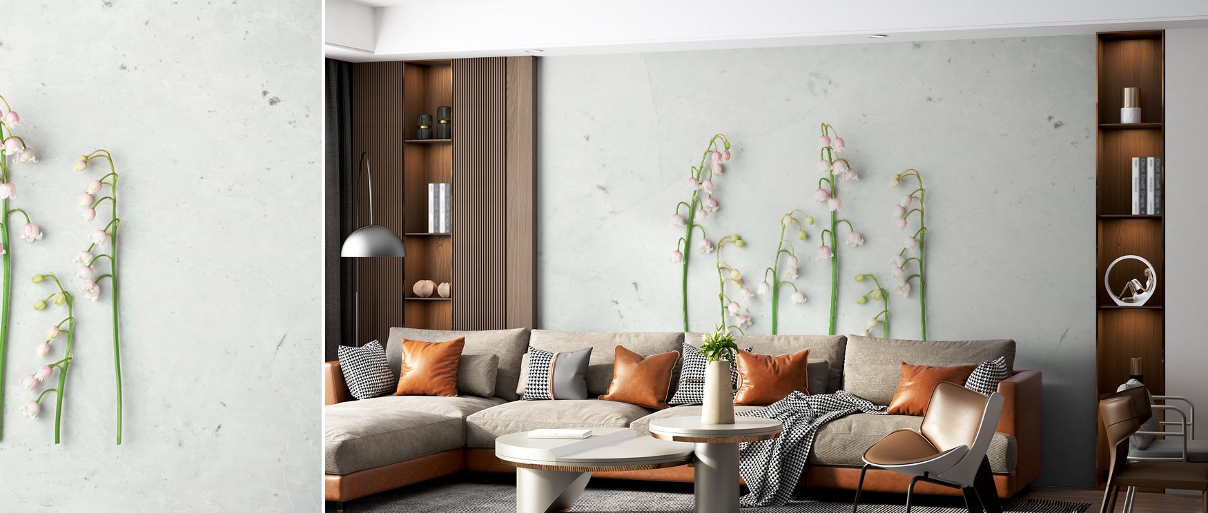 The delicate blossoms of this wallpaper capture the purity of springtime, symbolizing renewal and tranquility. The organic layout of the flowers transforms walls into a serene backdrop that enhances interiors with timeless beauty. This design works beauti