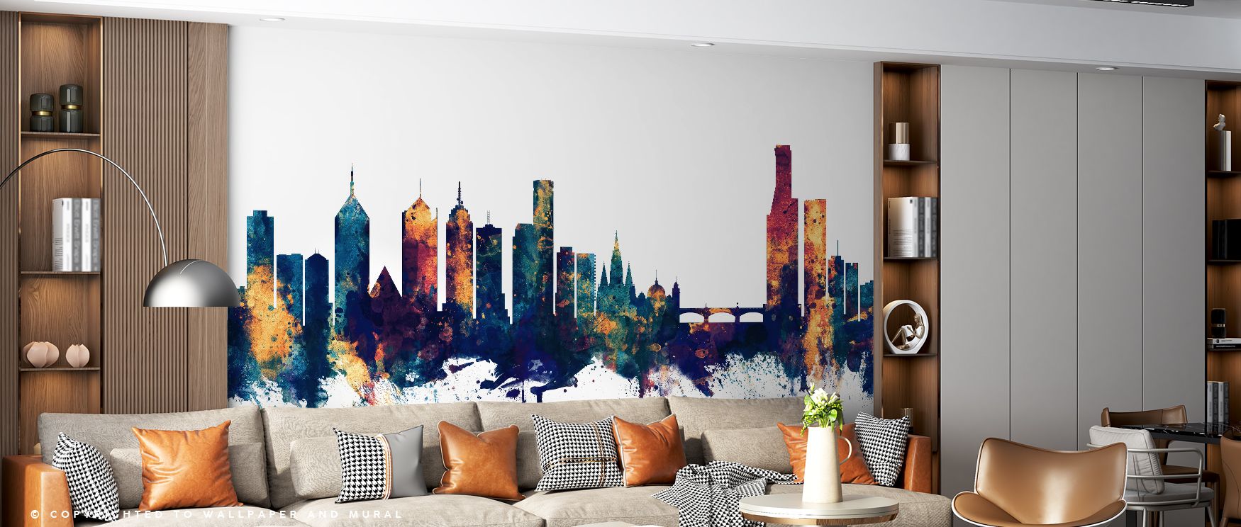 The Melbourne Skyline Blue & Bronze design captures the city’s modern architecture, presenting tall towers and iconic structures in elegant shades of deep blue and shimmering bronze. This combination creates a contemporary yet timeless mood, making it per