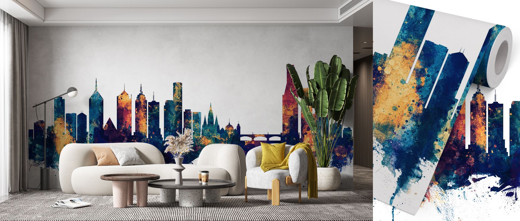 The interplay of blue and bronze in this skyline design enhances interiors with richness and visual drama. Living rooms gain depth and urban vibrancy, while bedrooms feel elevated by the elegance of the cityscape. Offices benefit from its bold yet calming