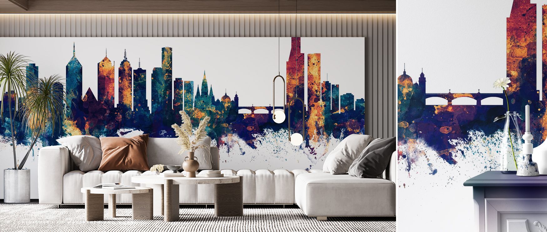 This wallpaper presents Melbourne’s skyline with striking detail, using bronze accents to highlight structures against a backdrop of cool blue tones. The urban landscape adds energy and refined charm, ideal for living rooms or offices where stylish backdr