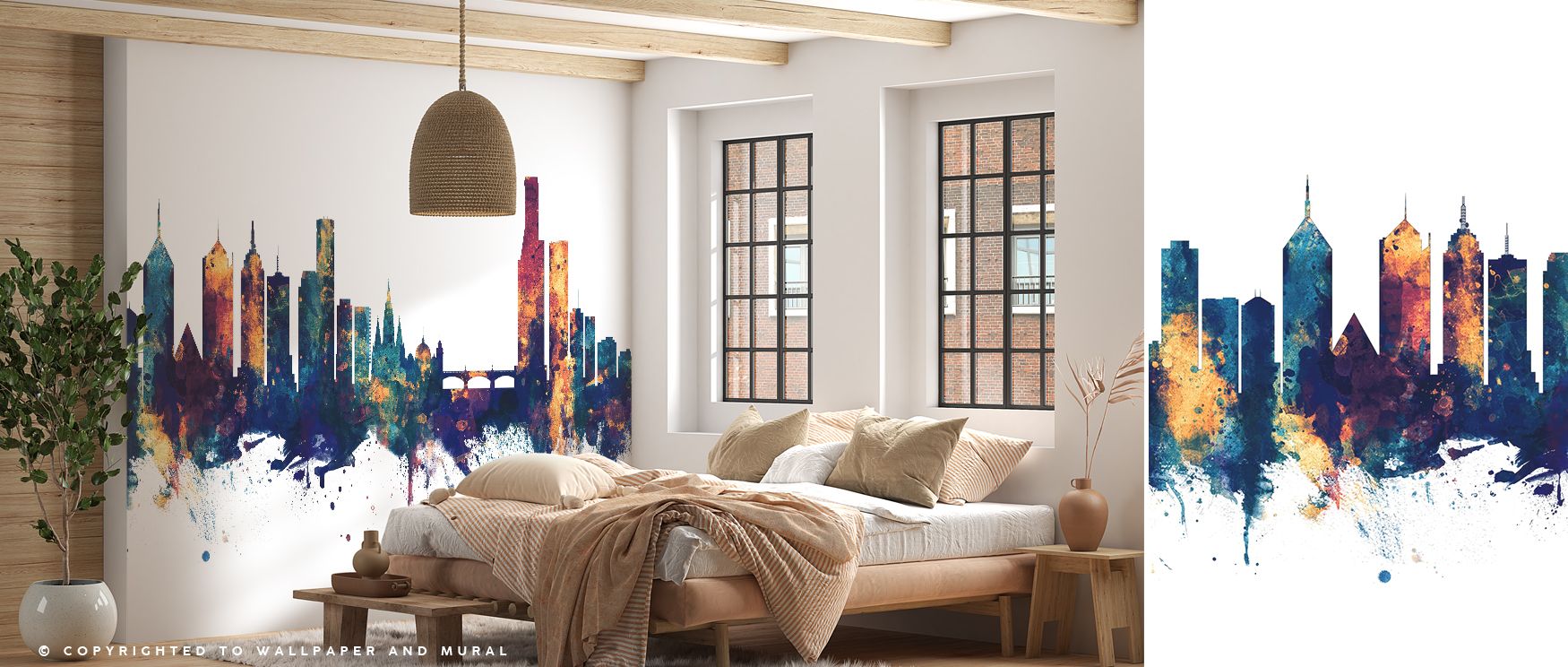 Deep blue shades paired with bronze highlights bring balance to this skyline wallpaper, celebrating Melbourne’s architectural beauty. The cityscape imagery creates a powerful presence in bedrooms, offices, or living areas, offering sophistication and a se