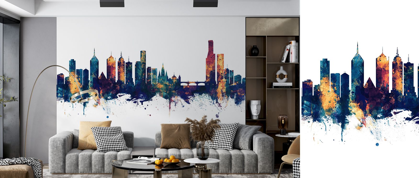 This striking wallpaper emphasizes Melbourne’s skyline through contrasting tones of blue and bronze. The architectural details stand out with brilliance, making it an excellent choice for living rooms seeking bold focal walls or offices designed for moder