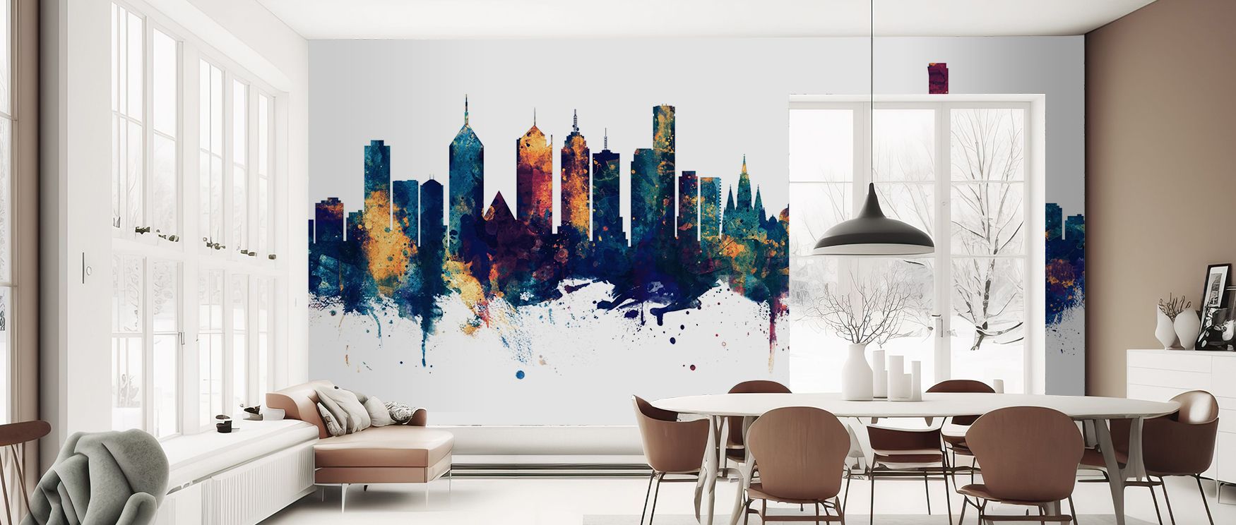 The elegant skyline imagery of Melbourne is enhanced by its unique palette. The bronze warms the composition, while blue offers calm depth, creating interiors that feel both lively and serene. Perfect for bedrooms that benefit from stylish refinement or o
