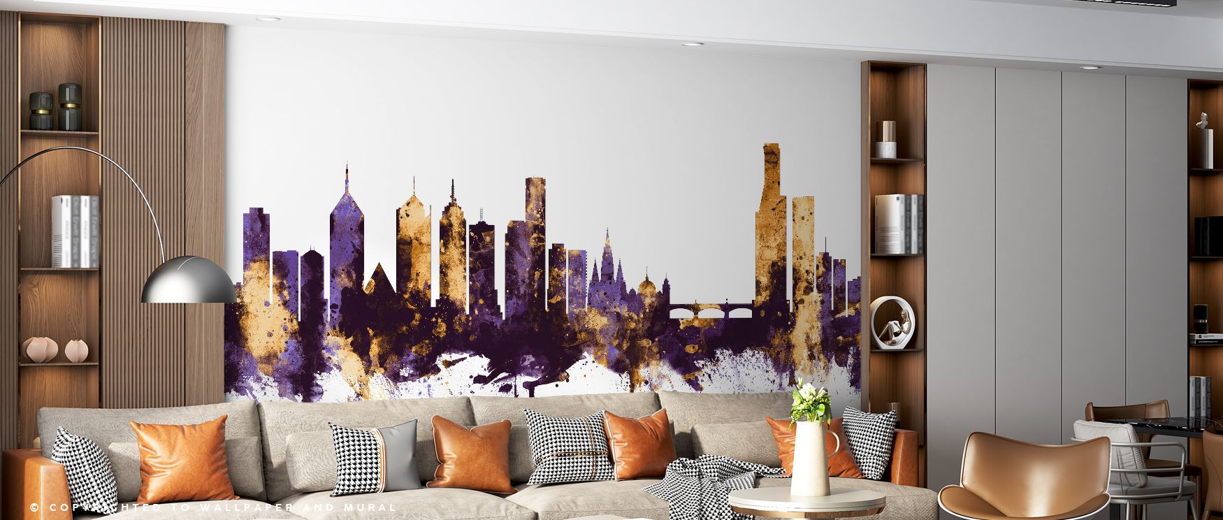 The Melbourne Skyline Purple & Gold design emphasizes bold contrasts, with rich purple tones adding dramatic depth and shimmering gold accents highlighting architectural forms. This combination creates interiors that feel regal yet modern, offering sophis