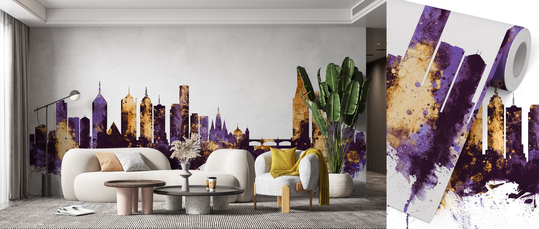 With its striking palette, this wallpaper transforms walls into visual statements of energy and refinement. The gold glows warmly, while the purple enriches depth, creating a versatile aesthetic that enhances contemporary homes with artistic flair and dec