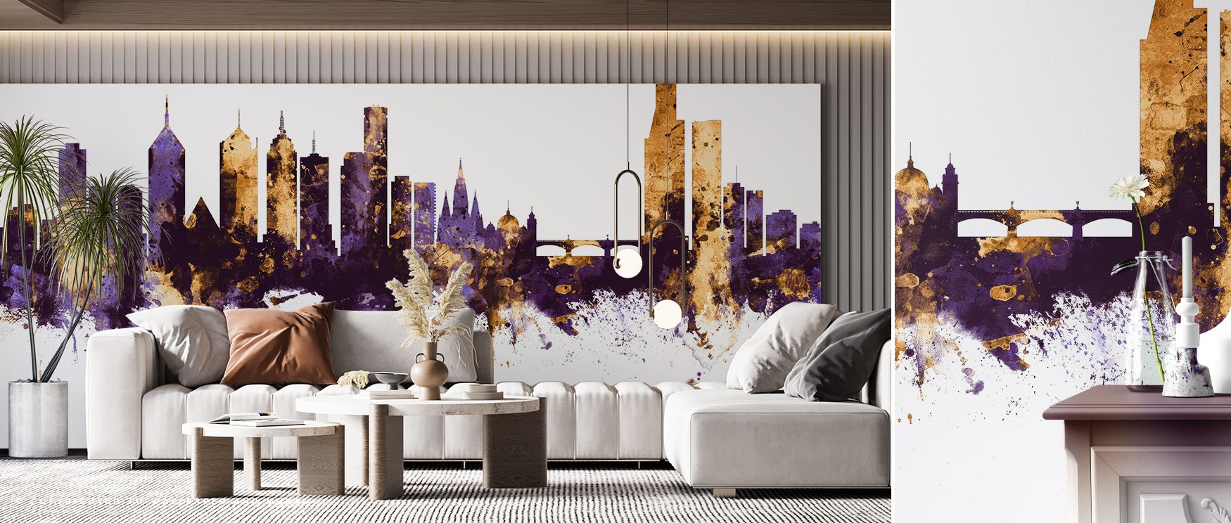 The design portrays Melbourne’s skyline with elegance and boldness. Gold elements shimmer against a field of purple, offering luxury and style. Living rooms gain a dramatic centerpiece, offices benefit from modern inspiration, and bedrooms achieve elevate