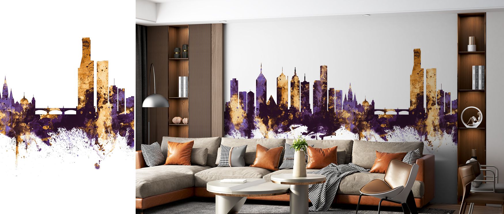 The interplay of purple and gold enhances the skyline with richness and charm. In living rooms, it becomes a bold backdrop, in offices it inspires focus, and in bedrooms it creates a refined, elegant environment filled with depth and allure. 