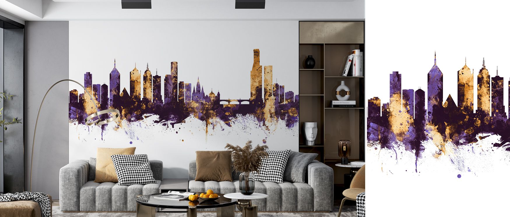 The wallpaper celebrates Melbourne’s beauty by blending bold hues with sleek architectural details. Purple provides depth, while gold accents create light and warmth. The composition adds sophistication to homes, perfect for modern décor that values artis