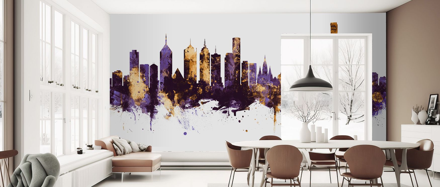 The regal palette of this wallpaper infuses interiors with grandeur and energy. Melbourne’s skyline emerges with decorative brilliance, enhancing spaces with cultural pride. Bedrooms become luxurious retreats, offices gain ambition, and living rooms are t