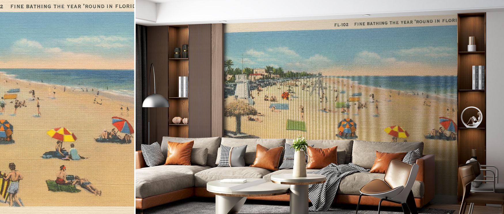 Coastal charm radiates from the Miami Beach Postcard II design, blending vibrancy with sophistication. It offers interiors more than decoration—it creates experiences. Perfect for homes that celebrate color, travel, and contemporary art. 