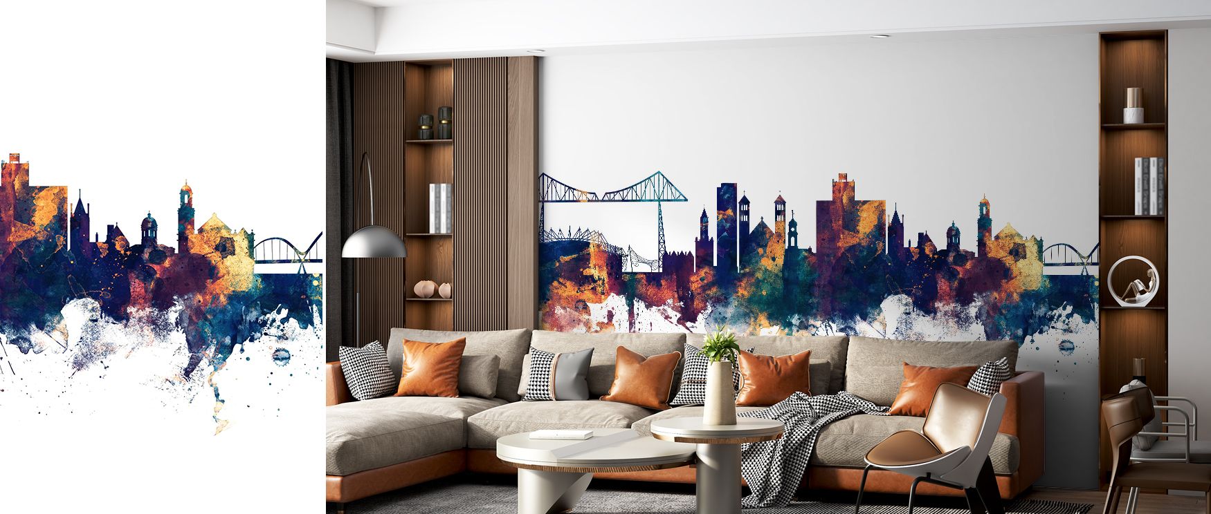 The blue and bronze palette reflects vibrancy and refinement, filling interiors with cultural resonance. Bedrooms benefit from elegance, while offices gain bold cosmopolitan atmosphere. It ensures walls remain visually engaging. 