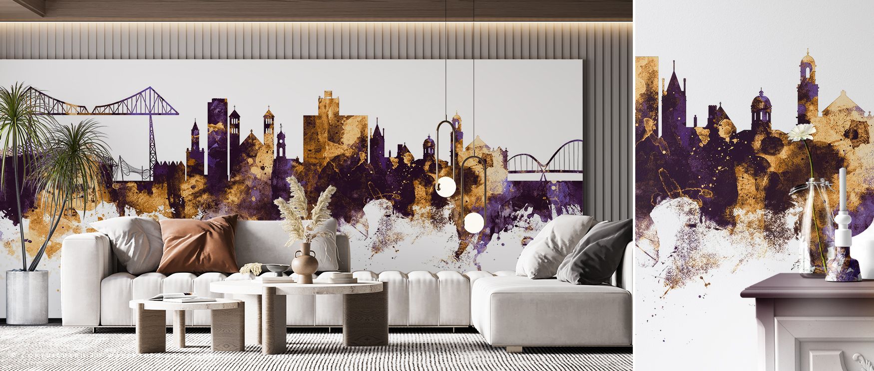 Architectural forms outlined in gold contrast beautifully with purple hues, producing a sophisticated skyline design. It transforms rooms into stylish cultural retreats filled with elegance and pride. 
