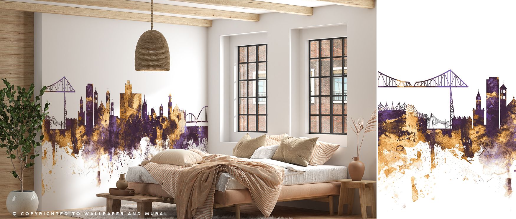 Rich tones elevate the skyline imagery, bringing cultural character to interiors. This wallpaper adds warmth, sophistication, and stylish energy to living rooms, offices, or bedrooms. 