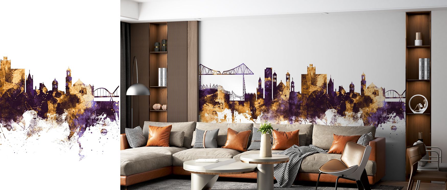 A luminous horizon emerges in jewel tones, offering interiors balance and drama. The purple and gold palette adds cultural resonance and contemporary artistry to walls. 