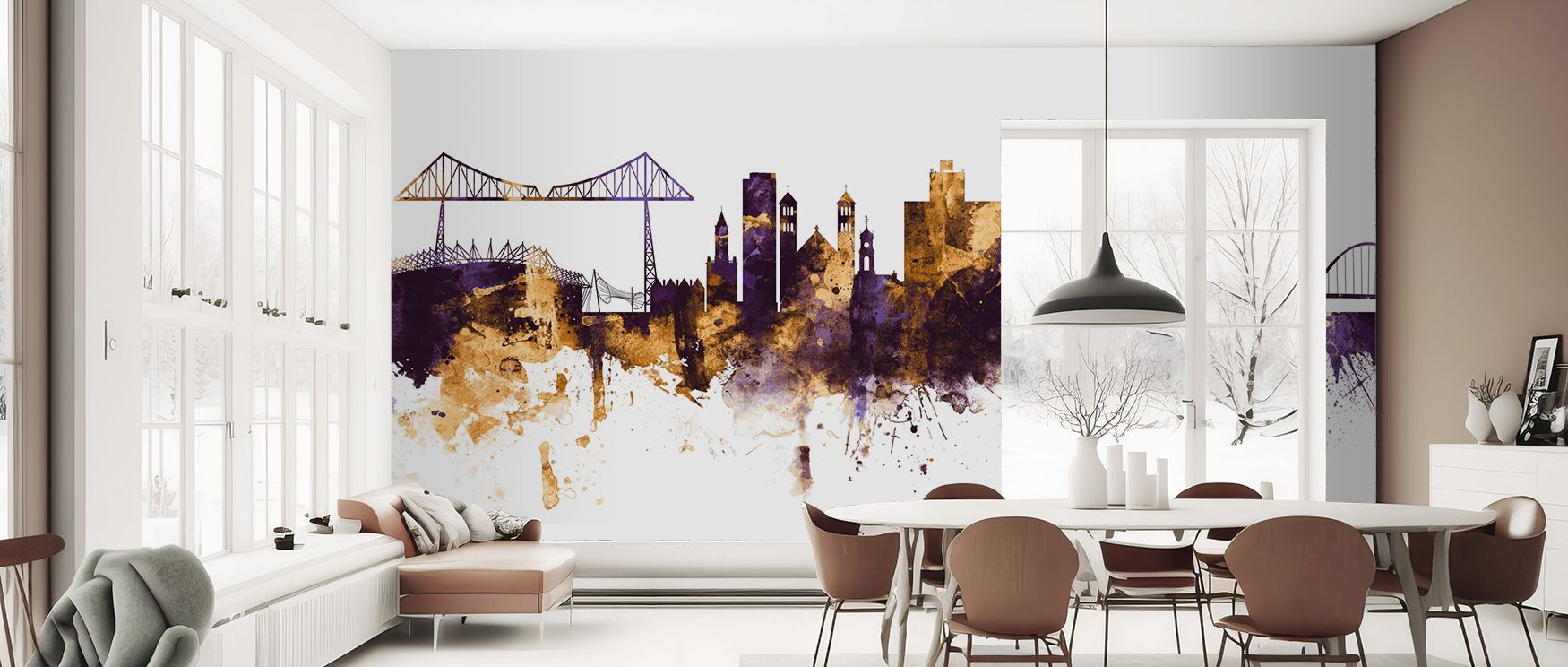 Shimmering gold highlights capture architectural strength while purple tones add depth. This wallpaper enriches interiors with cultural significance and stylish elegance. 