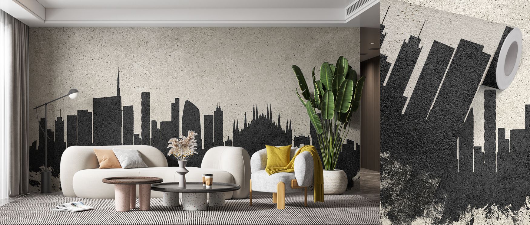 Concrete tones highlight iconic silhouettes, adding depth and texture without overwhelming. The wallpaper enriches interiors with urban refinement, offering spaces understated charm. It suits minimalist, modern, or classic décor styles seamlessly. 