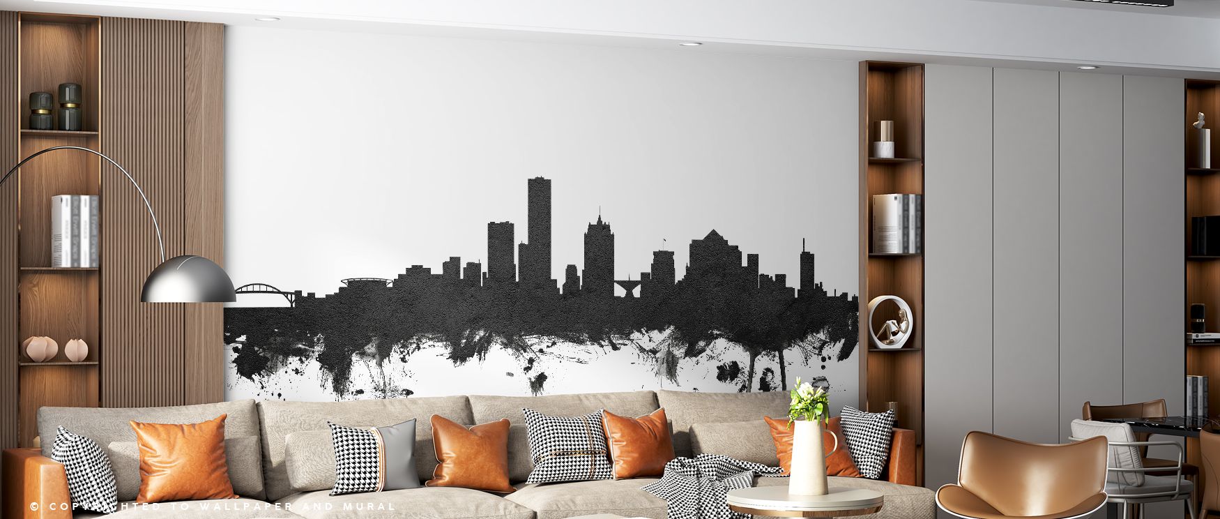 Milwaukee Wisconsin Skyline Black & White Wallpaper interprets the city’s architecture in dramatic monochrome, offering interiors cultural presence and refined artistry, ideal for offices or bedrooms where walls become bold decorative features, enhancing 