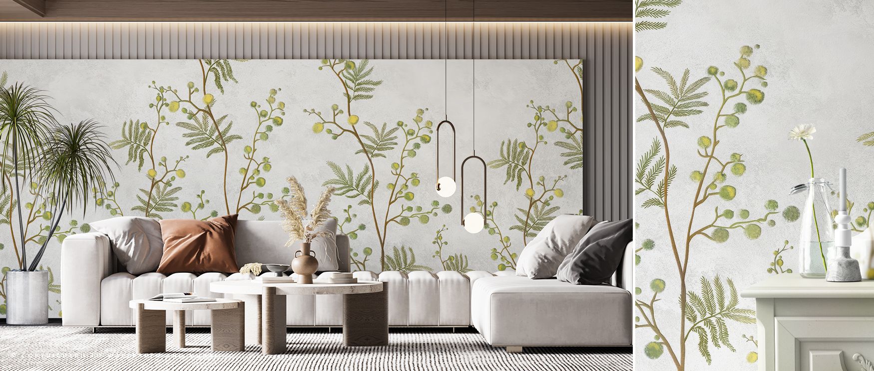 Soft golden shades paired with muted greens reflect natural harmony, making this wallpaper a refined choice for anyone seeking warmth and serenity indoors. It brings a seasonal feeling of spring renewal, effortlessly brightening spaces with floral grace. 