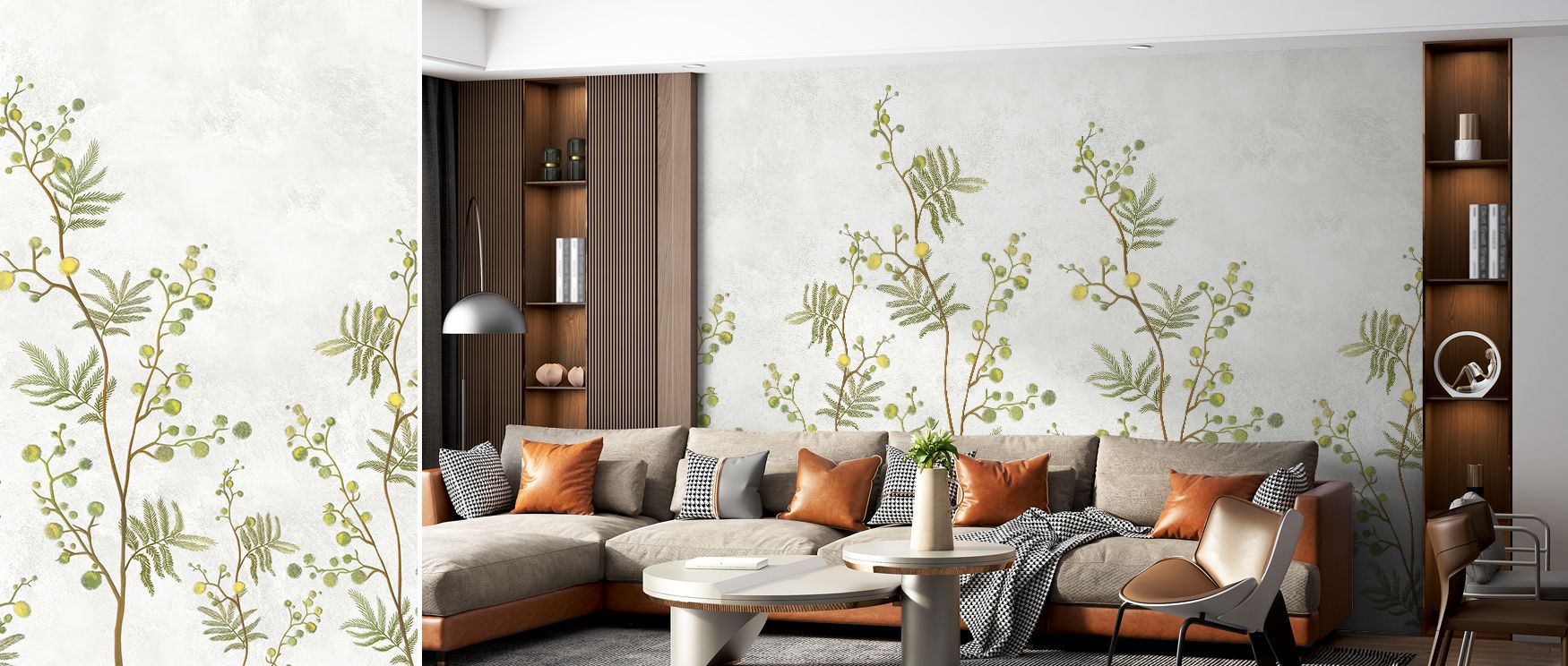 Blooming details unfold gracefully, each mimosa flower adding depth and softness to the pattern. The design captures both delicacy and boldness, making interiors shine with natural artistry. This wallpaper suits modern and traditional spaces, filling room