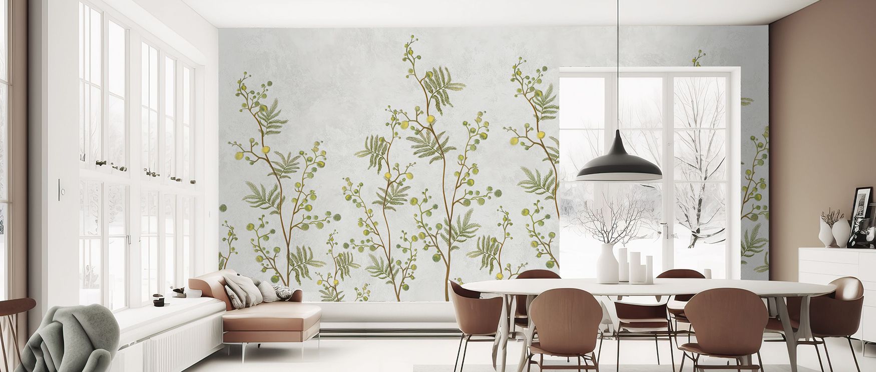 A cascade of mimosa blossoms stretches elegantly across the wallpaper, producing a calming and fresh energy that complements interiors with timeless floral design. The gentle interplay of golden petals and soft greenery adds sophistication without overwhe