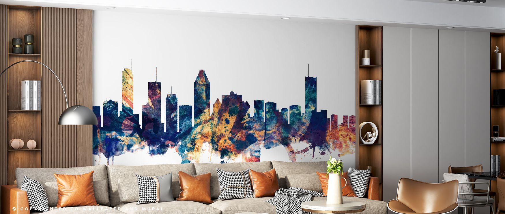 A shimmering skyline emerges against the backdrop of rich blue and bronze, creating a striking design that adds energy and sophistication to interiors. This wallpaper celebrates Montreal’s urban charm, making bedrooms, offices, and living rooms vibrant wi