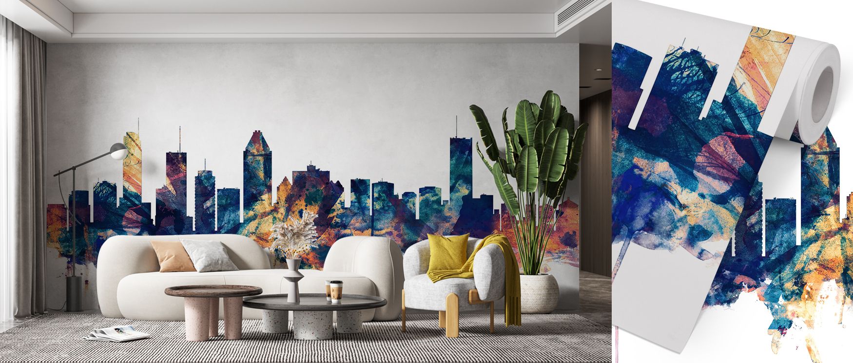 Iconic architecture glows in deep bronze tones, highlighted by contrasting blue that conveys both elegance and modern vibrancy. The design offers interiors a sense of place and metropolitan identity. It works beautifully in offices and living spaces, crea