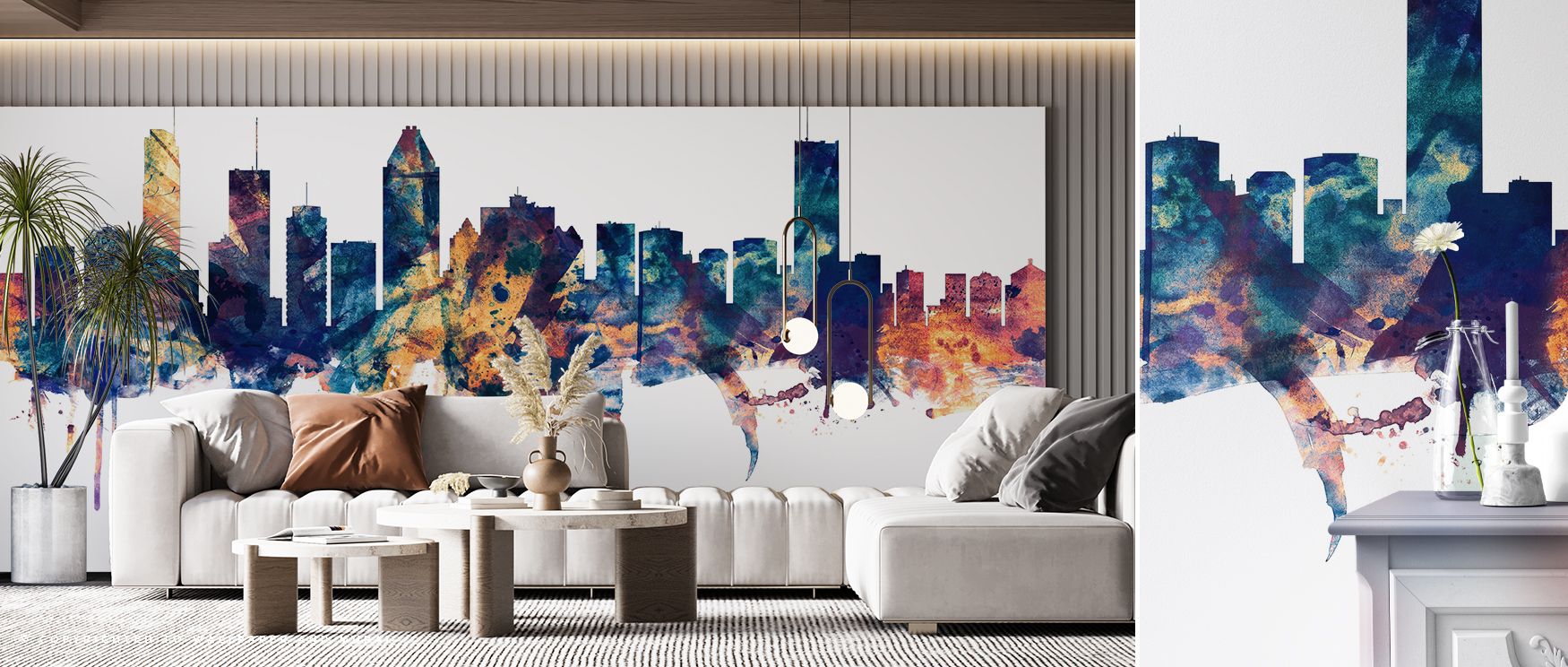The interplay of metallic bronze with deep blue elevates this wallpaper, making rooms shine with urban sophistication. Bedrooms gain stylish ambiance, offices feel cosmopolitan, and living areas reflect vibrant energy. The skyline’s silhouette captures th