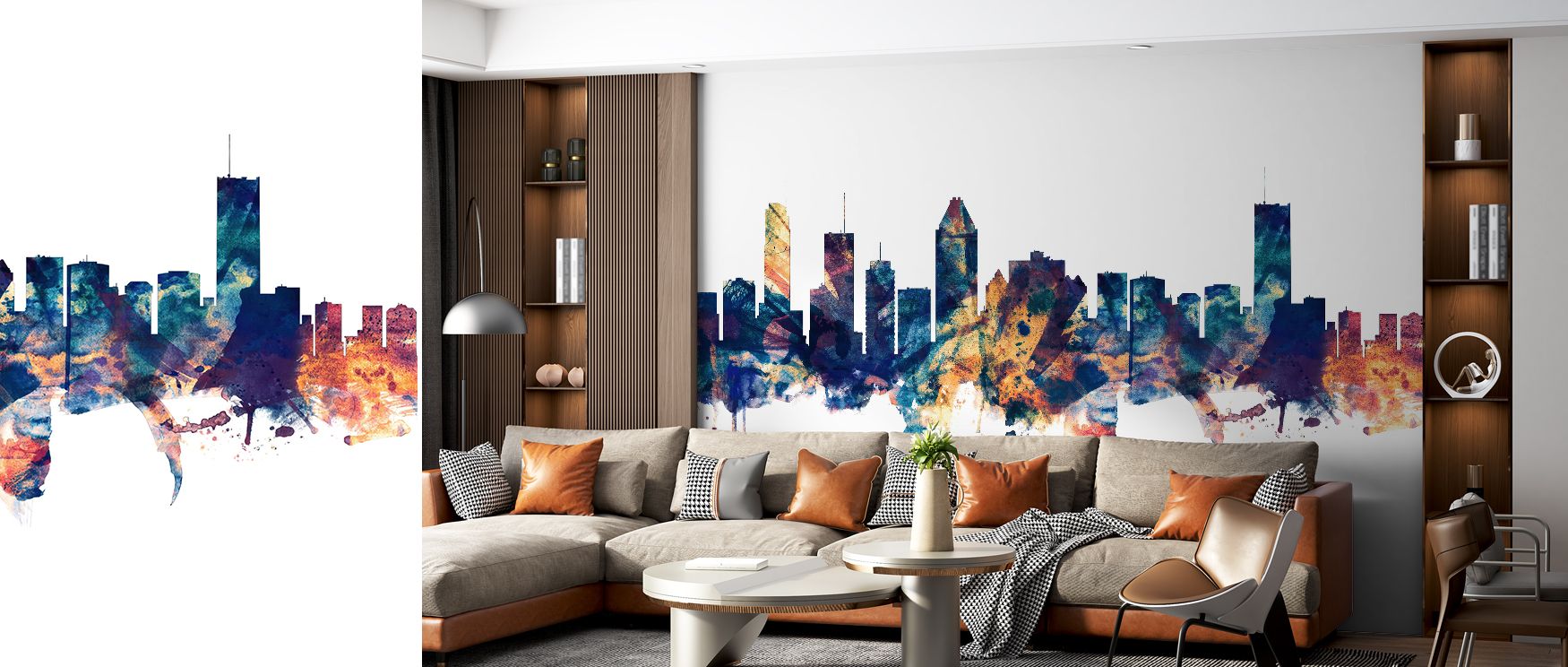Rich blue hues paired with metallic bronze create a cityscape that is both dramatic and refined. The design highlights architectural beauty, offering interiors energy and charm. Bedrooms, studies, and gathering rooms benefit from its cosmopolitan mood and