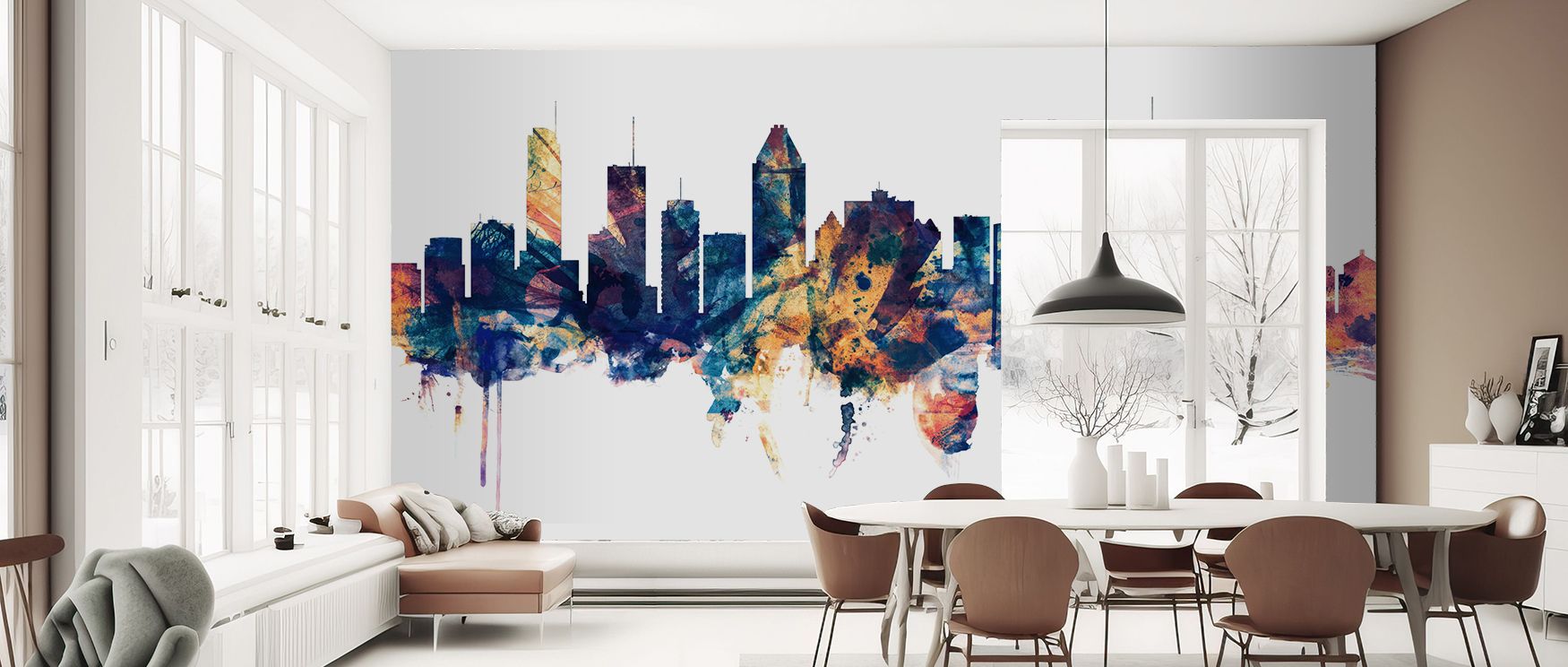 A dynamic skyline stretches across the wallpaper, its striking colors evoking vibrancy and inspiration. The design blends cultural identity with modern artistry, filling bedrooms, offices, and living rooms with urban charm. Its presence transforms spaces 