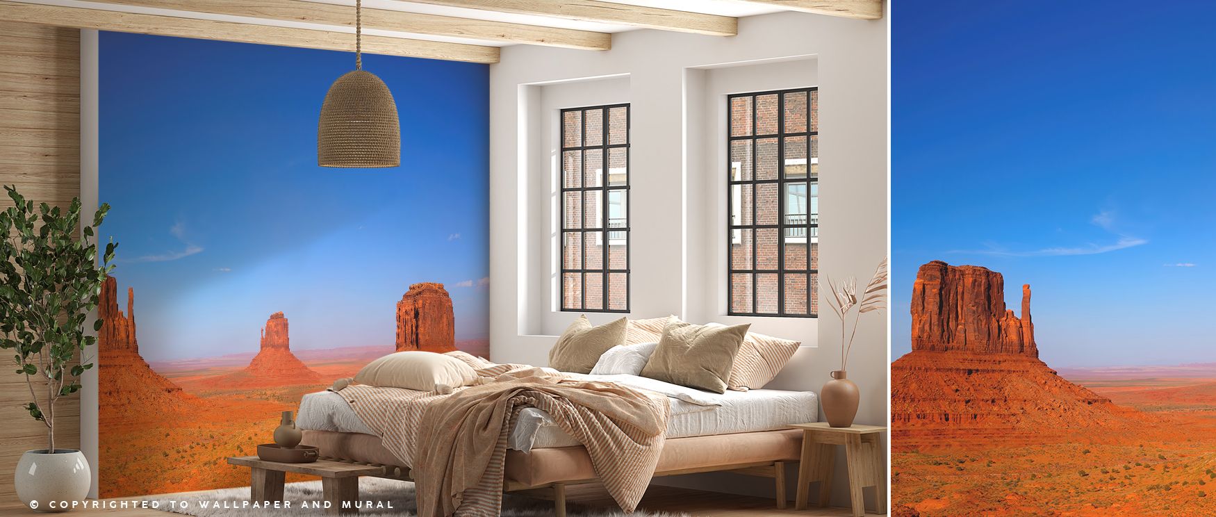 Monument Valley’s iconic shapes emerge in natural tones, adding beauty and atmosphere to interiors. This wallpaper enriches spaces with a sense of adventure, turning walls into backdrops of southwestern elegance and timeless wonder. 